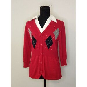 Kim Rogers V-Neck Red Black Faux Cardigan Top Size Petite Medium